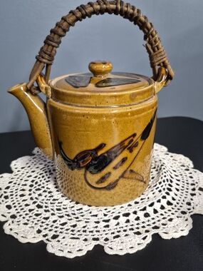 Vintage Ceramic Honey Brown Teapot with Woven Handle